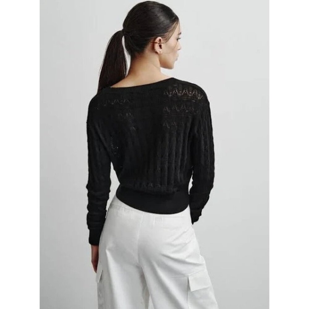 DKNY V-NECK FINE GAUGE POINTELLE CARDIGAN Black Size XXS MSRP $59 - Picture 2 of 3